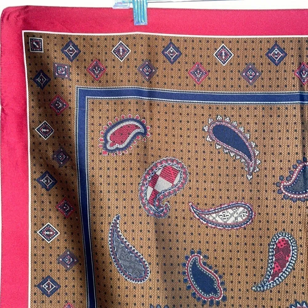 Vintage mid Century maroon, navy blue & tan paisley‎ large square scarf